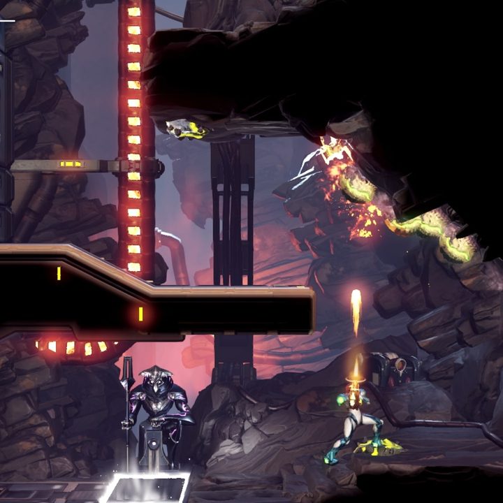 Samus shoots at enemies in Metroid Dread.