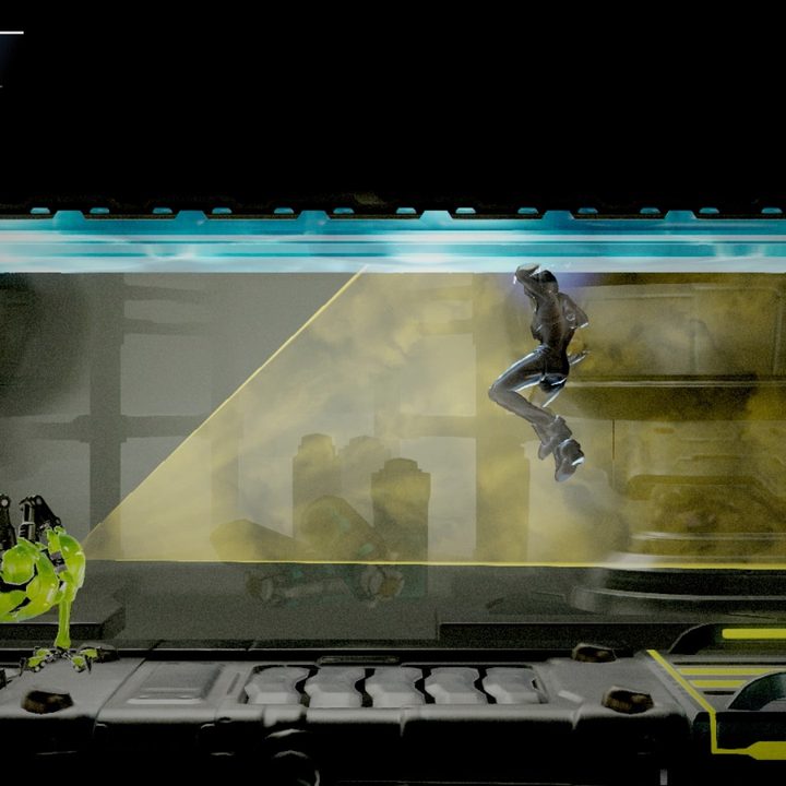 Samus cloaks herself to avoid an EMMI in Metroid Dread.