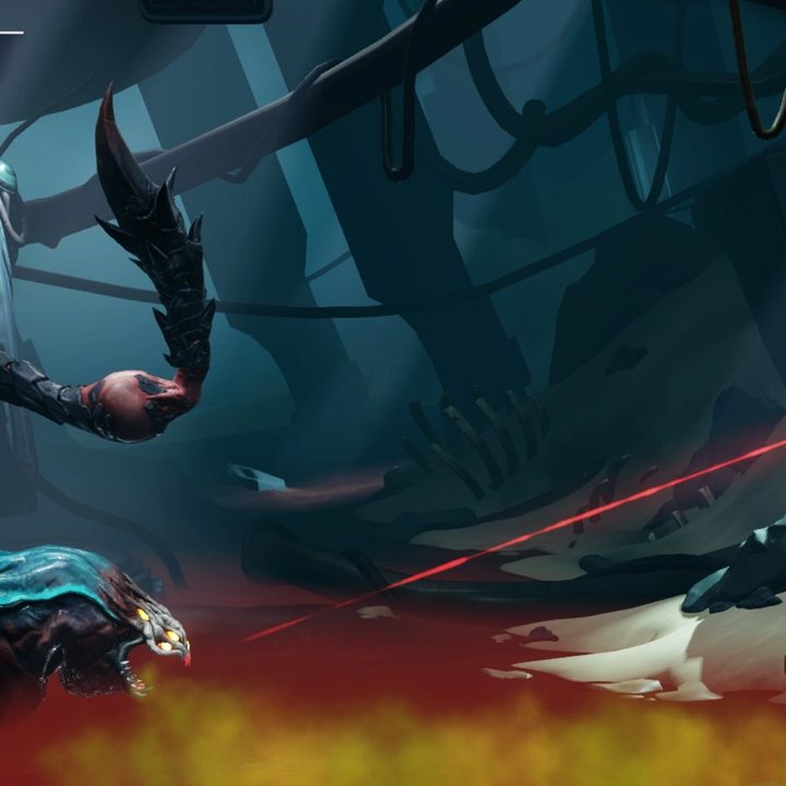 Samus fights a giant boss in Metroid Dread.