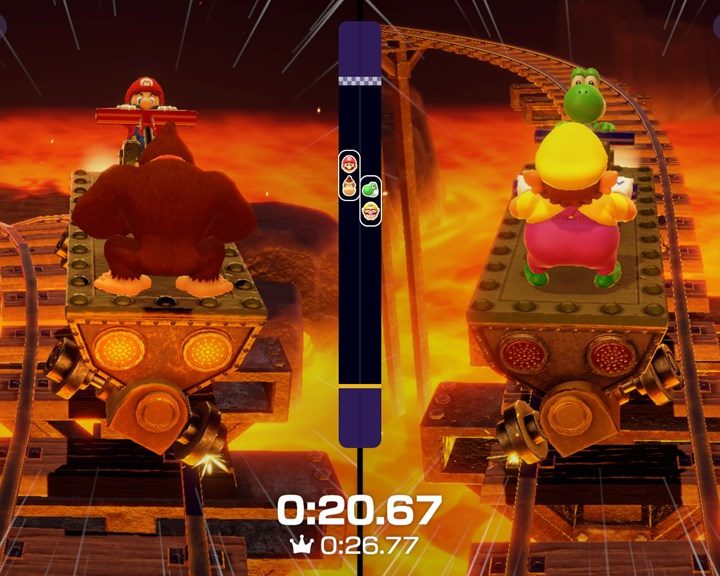 Wario and Yoshi compete against Mario and Donkey Kong in Mario Party Superstars' Handcar Havoc minigame.