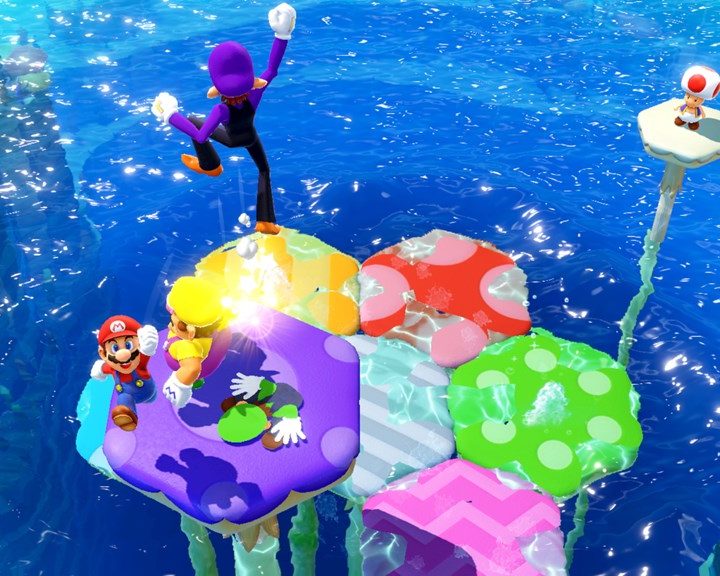 Mario and friends compete in a mushroom minigame in Mario Party Superstars.