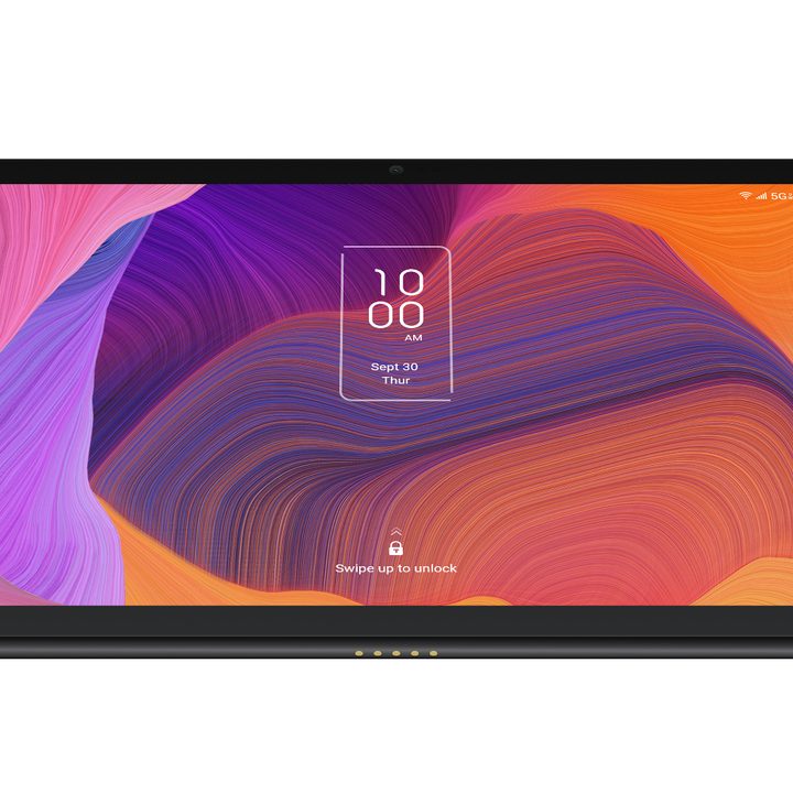 Image of Tab Pro 5G Tablet front lock screen sideways.