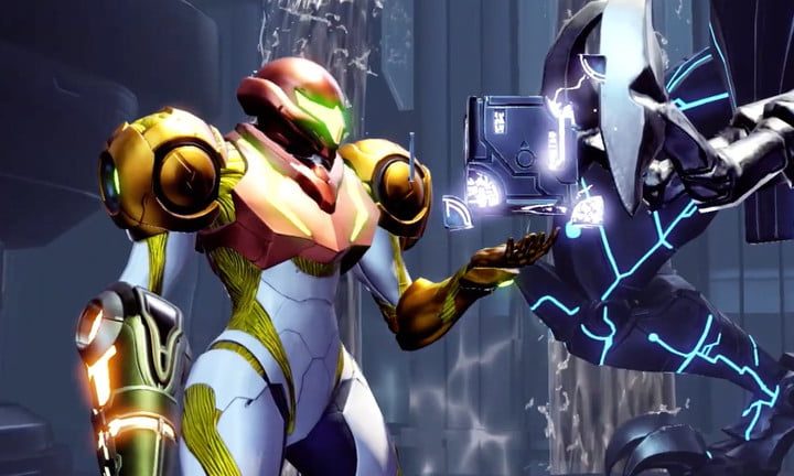 Samus holding cube in Metroid Dread.