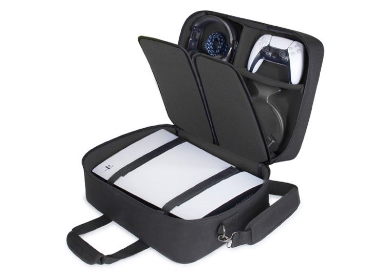 The USA Gear PS5 case with the PlayStation 5 inside.