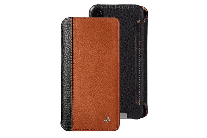 Vaja Leather Wallet Case for iPhone XS Max in tan and black leather.