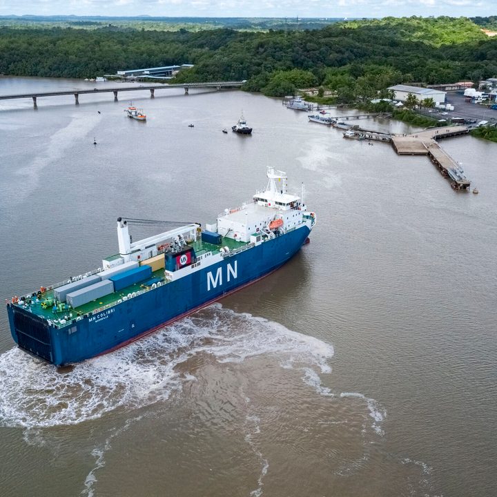 A cargo ship carrying the James Webb Space Telescope arriving safely at Pariacabo harbour in French Guiana.