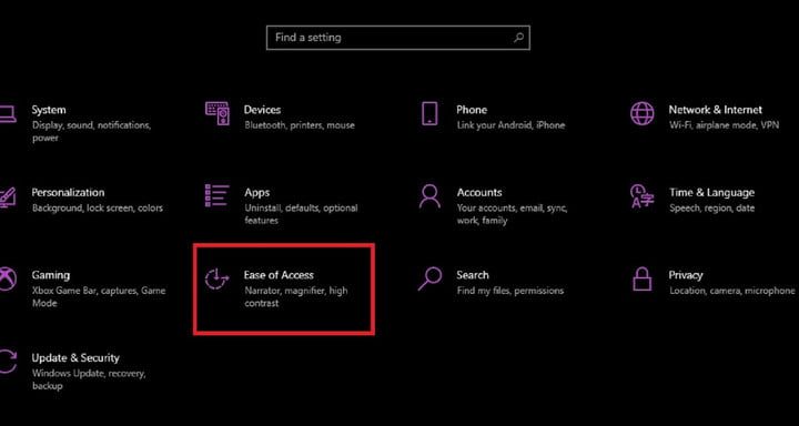 Windows 10 Settings app screenshot showing how to navigate to Ease of Access settings option.