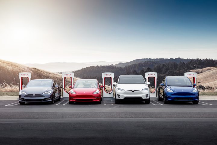 The Tesla range of vehicles connected to four supercharging stations.