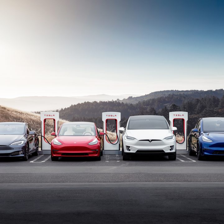 The Tesla range of vehicles connected to four supercharging stations.