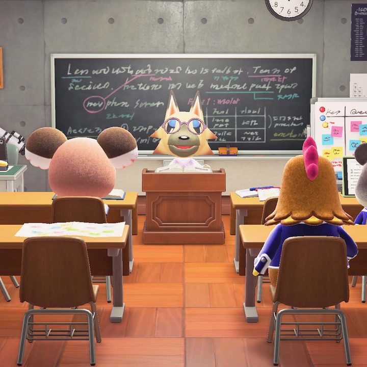 A classroom full of students in Animal Crossing: Happy Home Paradise.