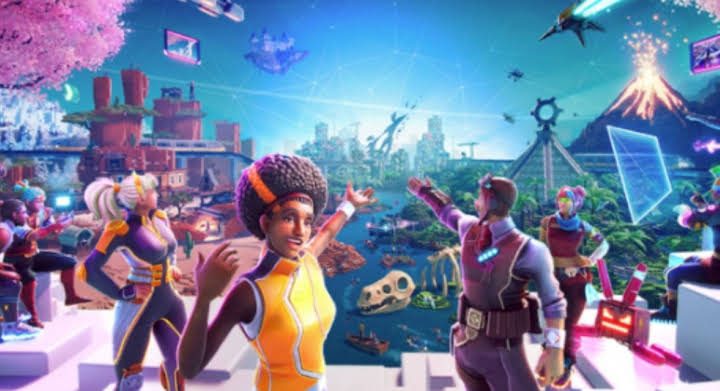 A vision of the metaverse with several characters pointing to a futuristic world.