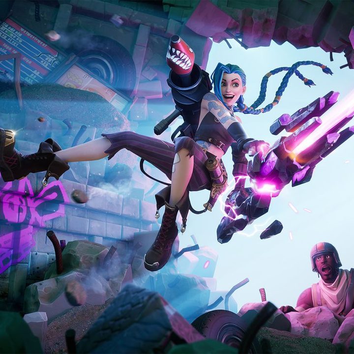 Jinx from League of Legends entering Fortnite.