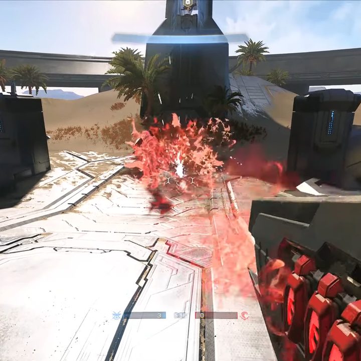 Blasting a red explosion of plasma.