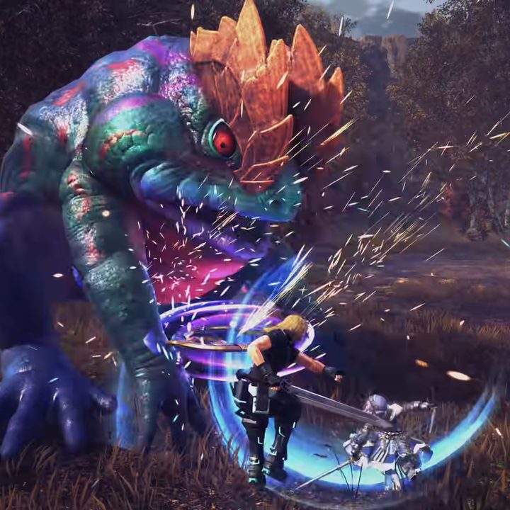 Raymond and Laeticia attacking a big frog monster.