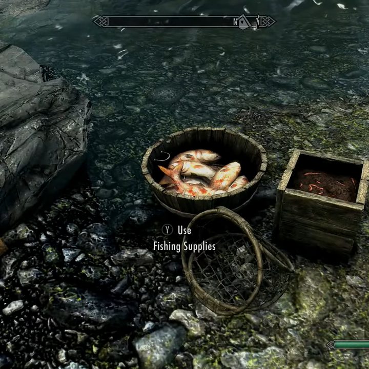 A bucket of fish near a river.