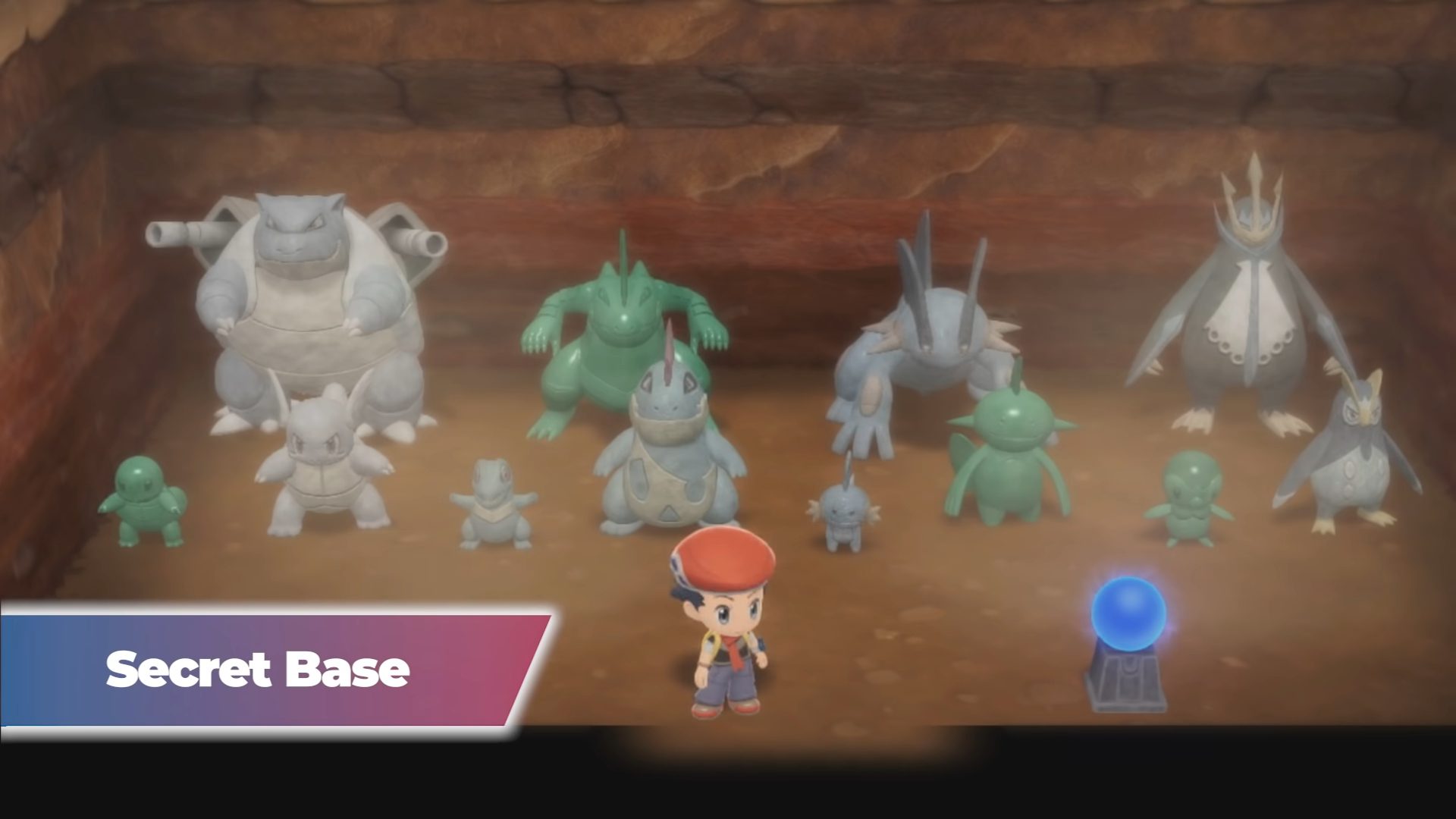Standing in the secret base full of Pok&eacute;mon statues.