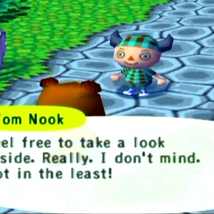 Tom Nook telling the player to take a look inside houses.