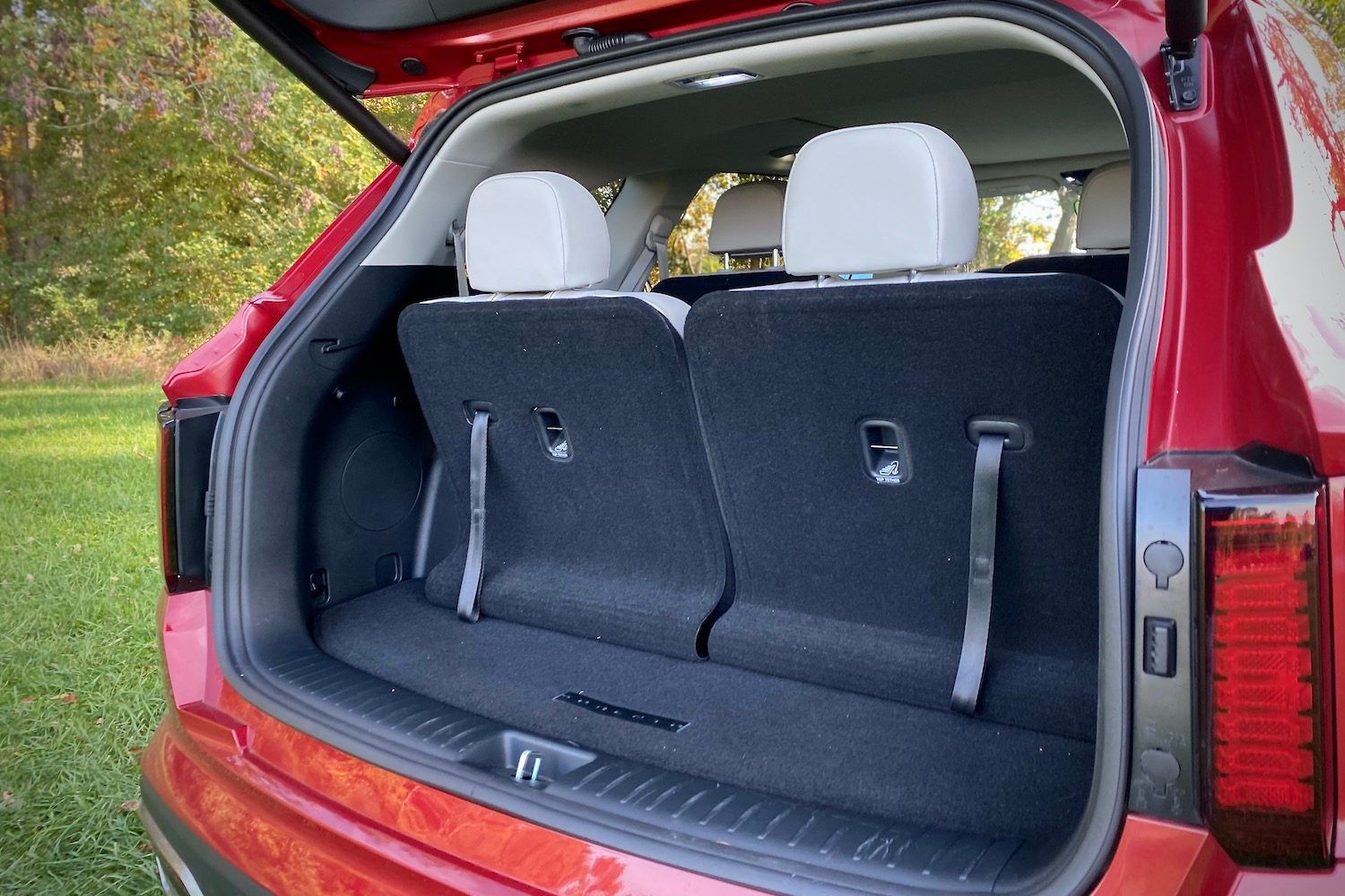 Close up of cargo area of the 2021 Kia Sorento Hybrid with the third row in place.