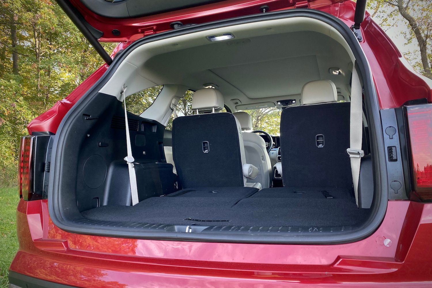 Cargo area of the 2021 Kia Sorento Hybrid with the third row of seats folded.