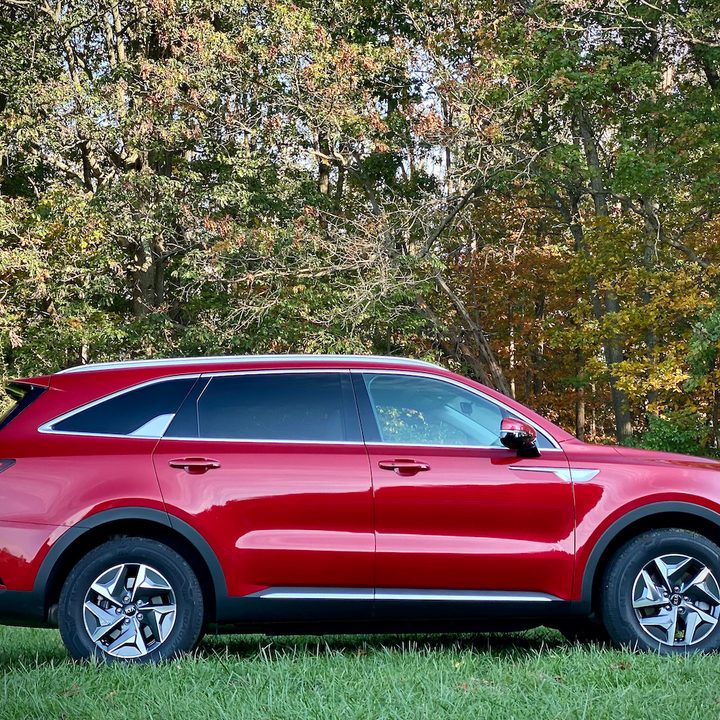 Side profile of the 2021 Kia Sorento Hybrid from the passenger side in a grassy field.
