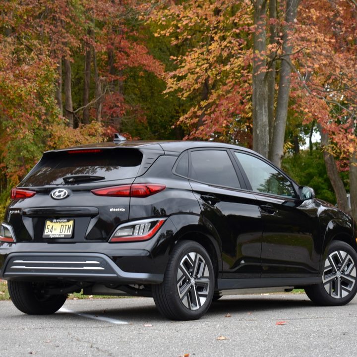 Rear three quarter view of the 2022 Hyundai Kona Electric.