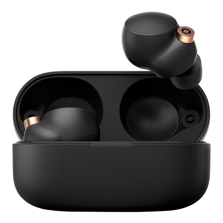 Sony WF-1000XM4 True Wireless In-Ear Headphones in their charging case.