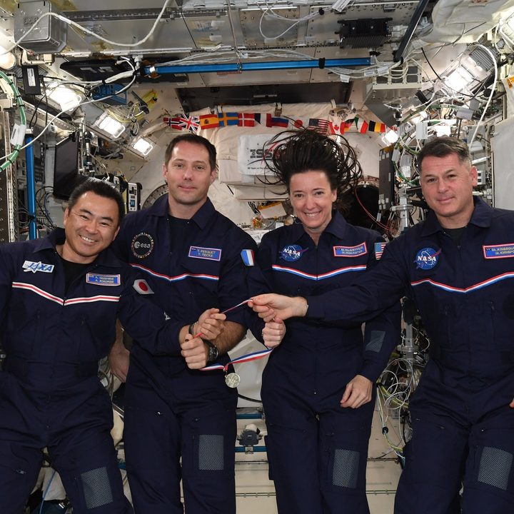 NASA SpaceX Crew-2 astronauts Akihiko Hoshide of JAXA (Japan Aerospace Exploration Agency), left, Thomas Pesquet of ESA (European Space Agency), and Megan McArthur and Shane Kimbrough of NASA participate in the Space Olympics onboard the International Space Station.