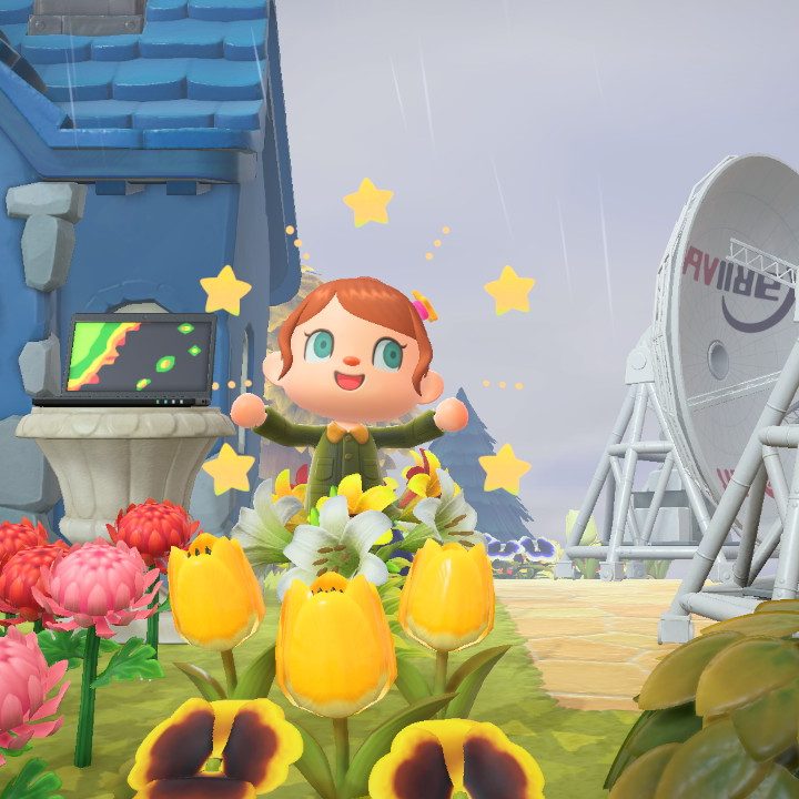 My New Horizons character dances next to her satellite farm.