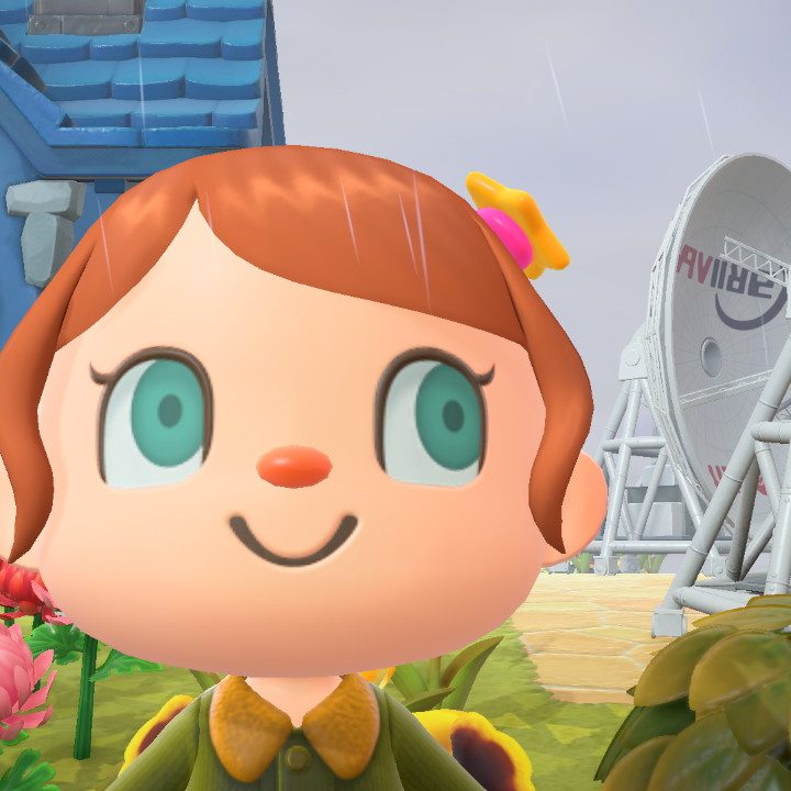 My character stares unnervingly at the character in front of her satellites.