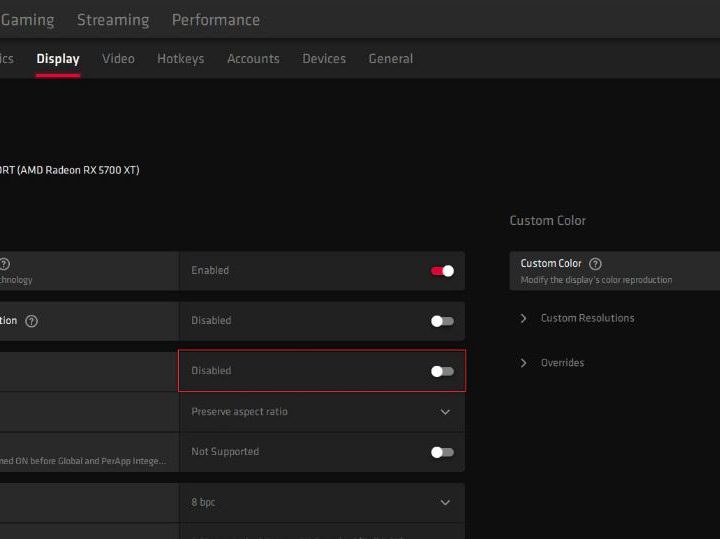 AMD Radeon Software Settings, the GPU scaling section.