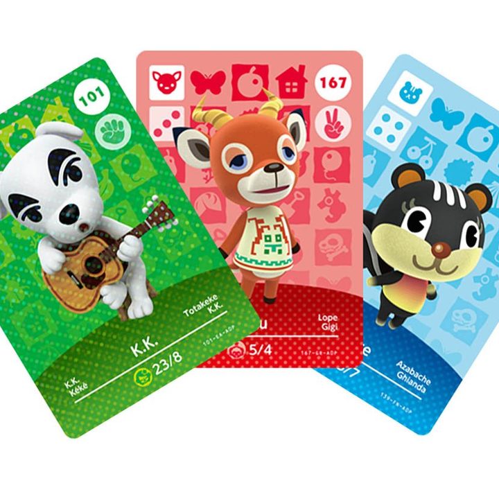 Three Animal Crossing amiibo cards spread out.