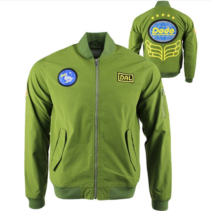 A green bomber jacket with the Dodo Airlines logo on the back.