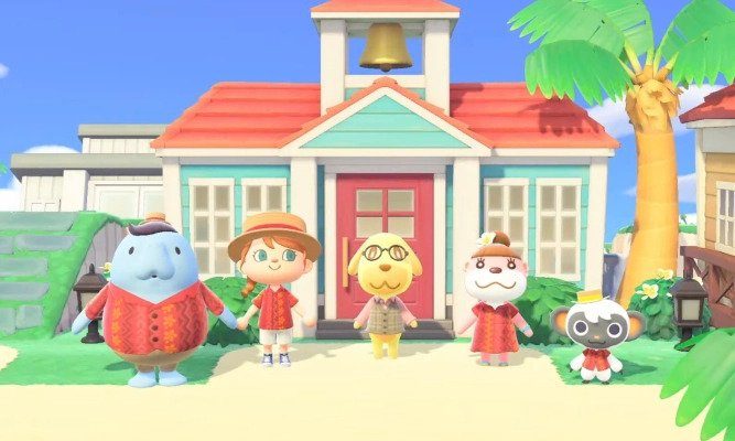 Characters stand in front of a school in Animal Crossing: Happy Home Paradise.