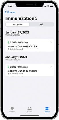 Screenshot of Apple Health showing immunizations