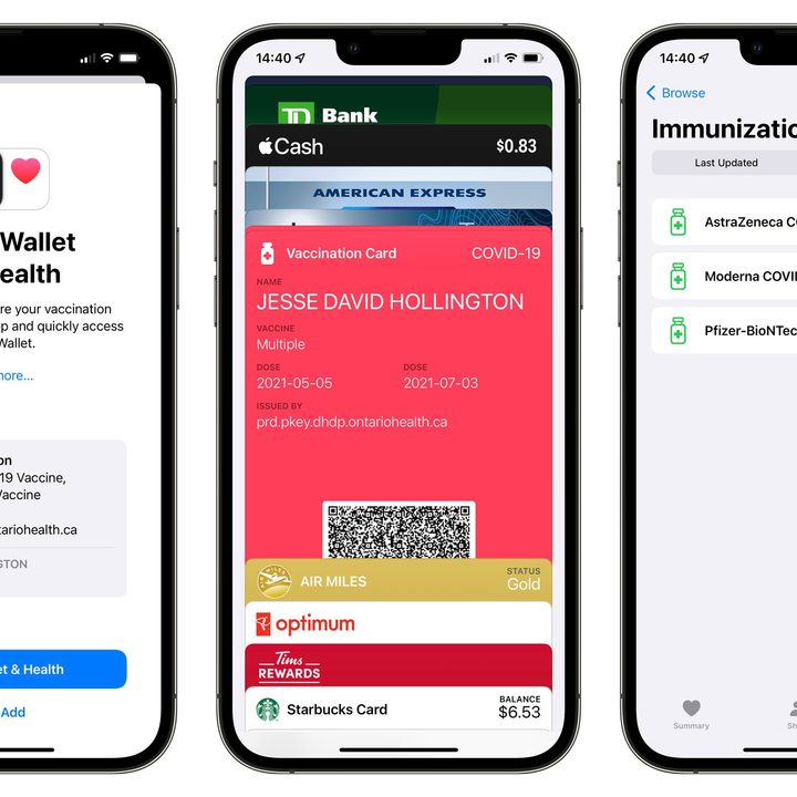 Three screens showing how to add COVID 19 vaccination card to Apple Wallet.