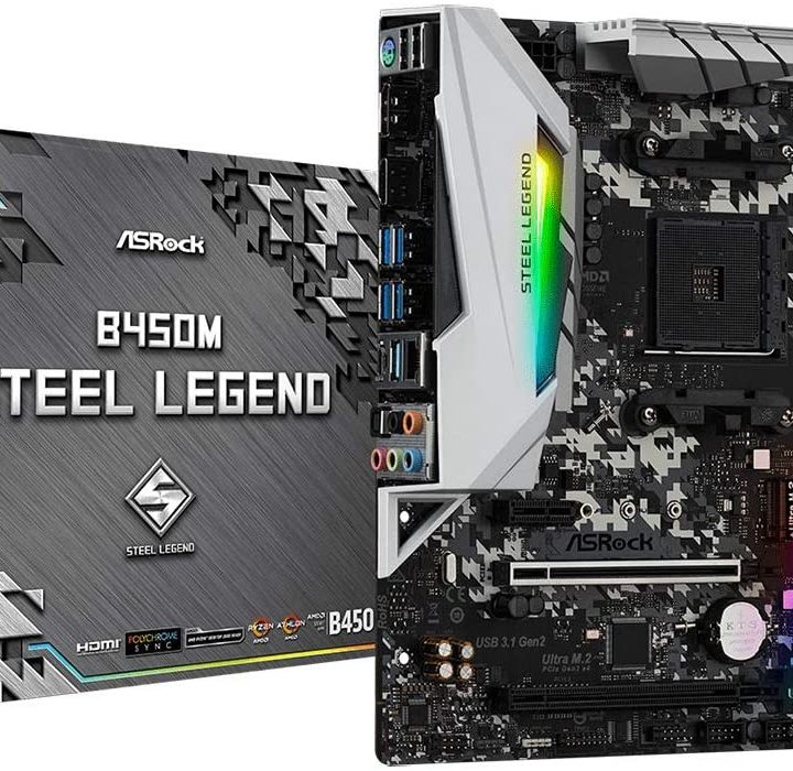 ASRock B450M Steel Legend motherboard and box.