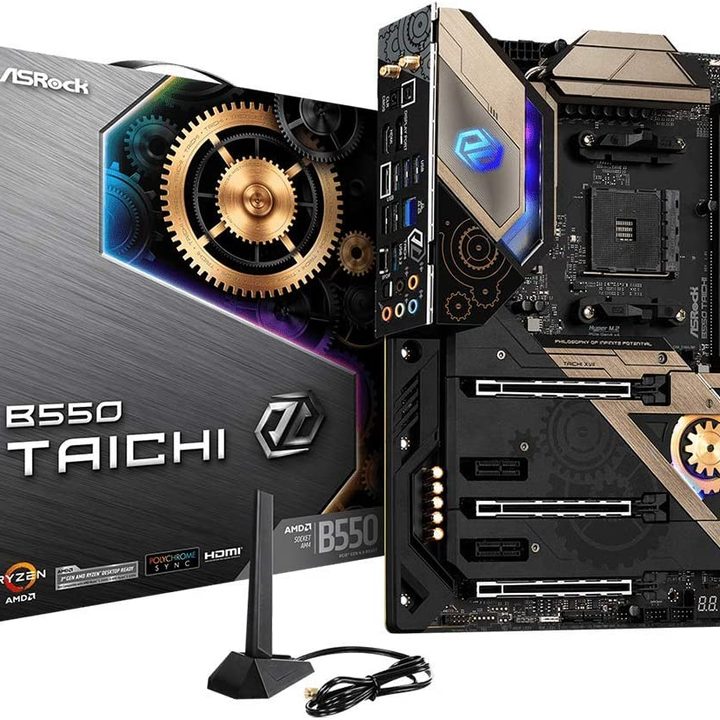 ASRock B550 Taichi motherboard and box.