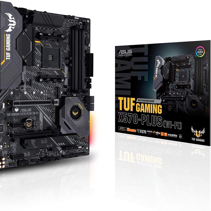 Asus Tuf Gaming X570 Plus motherboard and box.