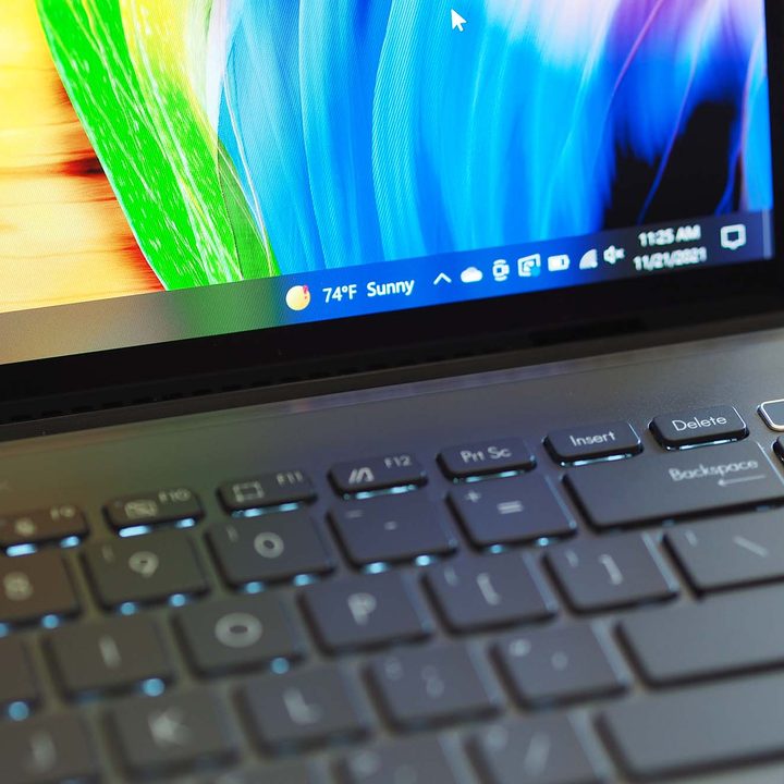 The Asus ZenBook 14X OLED's keyboard and display.