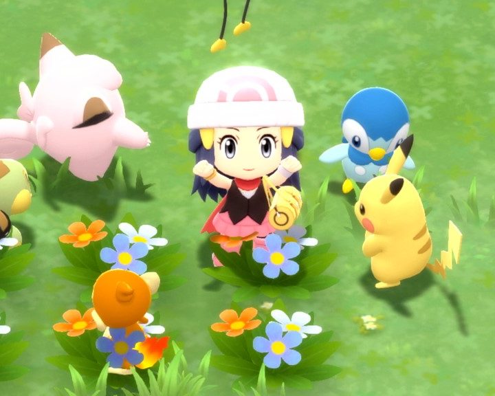 The player character standing in a field with her Pokemon.