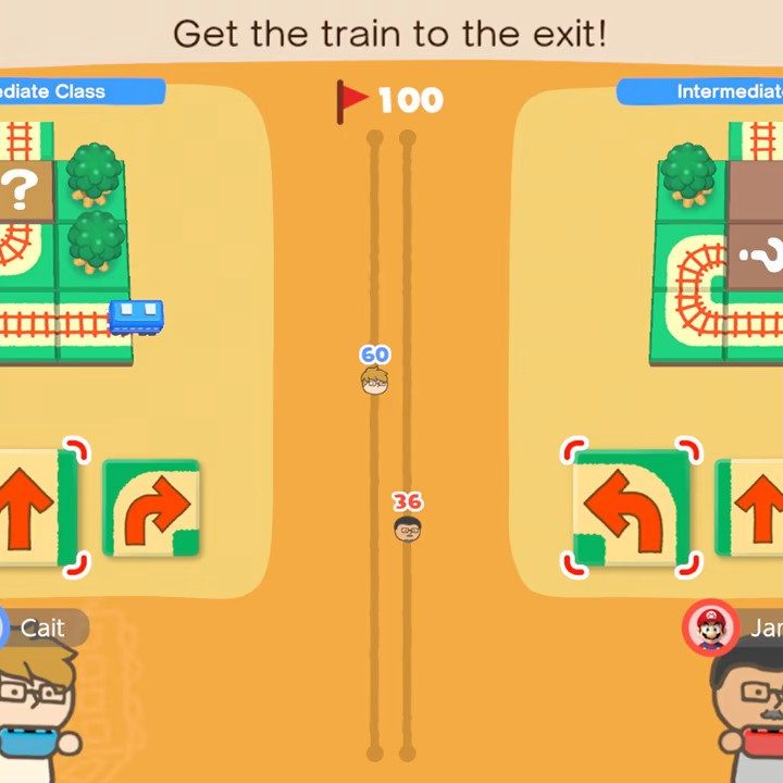 Two players compete in a train minigame in Big Brain Academy: Brain vs. Brain.