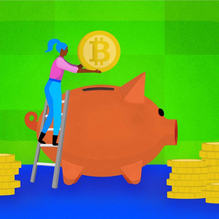 Illustration of a woman putting a bitcoin into a piggy bank.