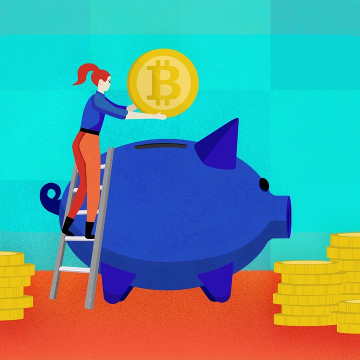 Illustration of a woman putting a bitcoin into a piggy bank.