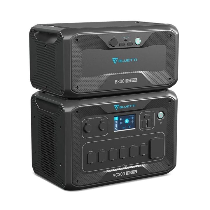Bluetti AC300 and B300 Power Station combo stacked on top of each other.