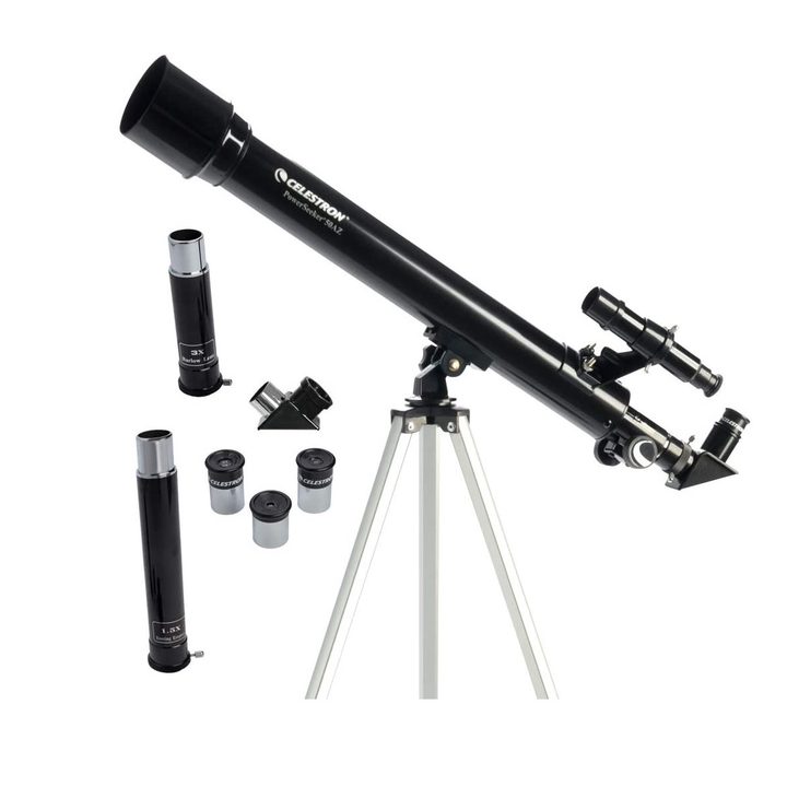 Celestron PowerSeeker 50AX Telescope with accessories and tripod.