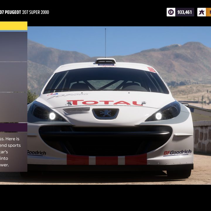 The front end view of a car, in the menu where one selects vehicle upgrade parts,
