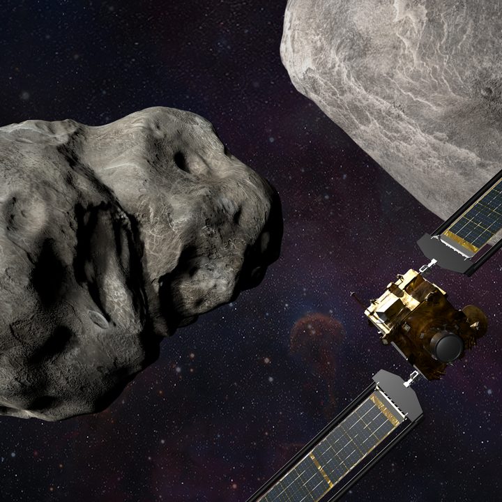 Illustration of NASA’s DART spacecraft and the Italian Space Agency’s (ASI) LICIACube prior to impact at the Didymos binary system.