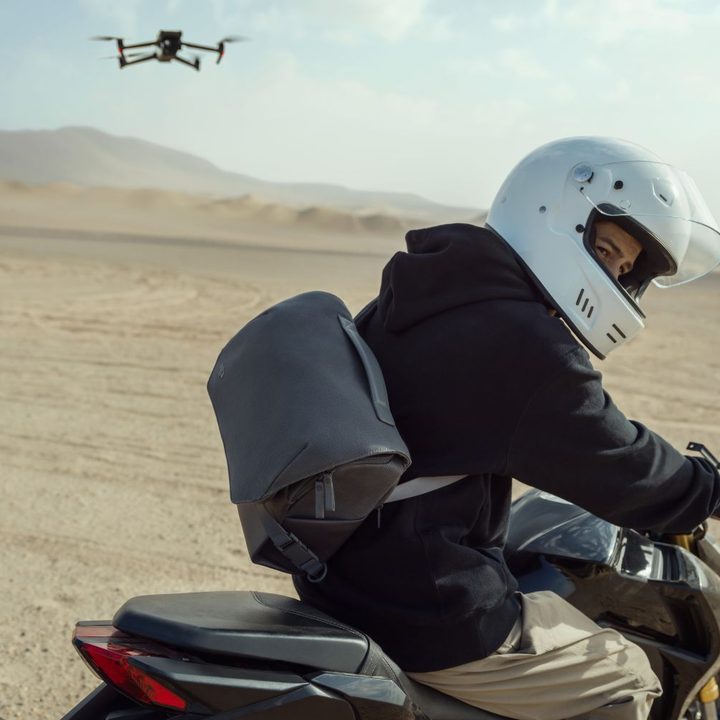 Drone bag for DJI Mavic 3 worn by motorcyclist.