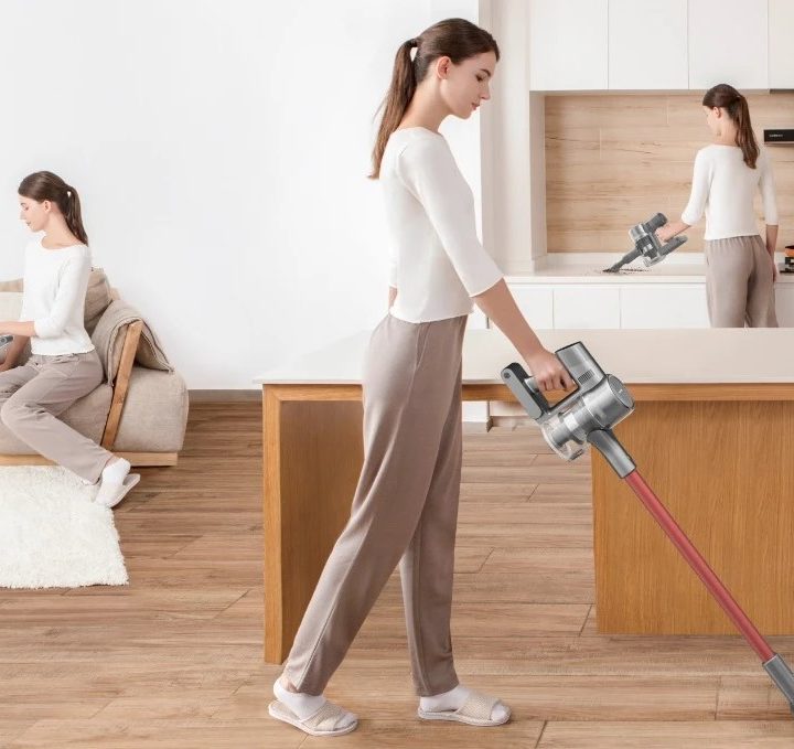 Dreametech T20 Cordless Stick Vacuum with woman using it in various ways.