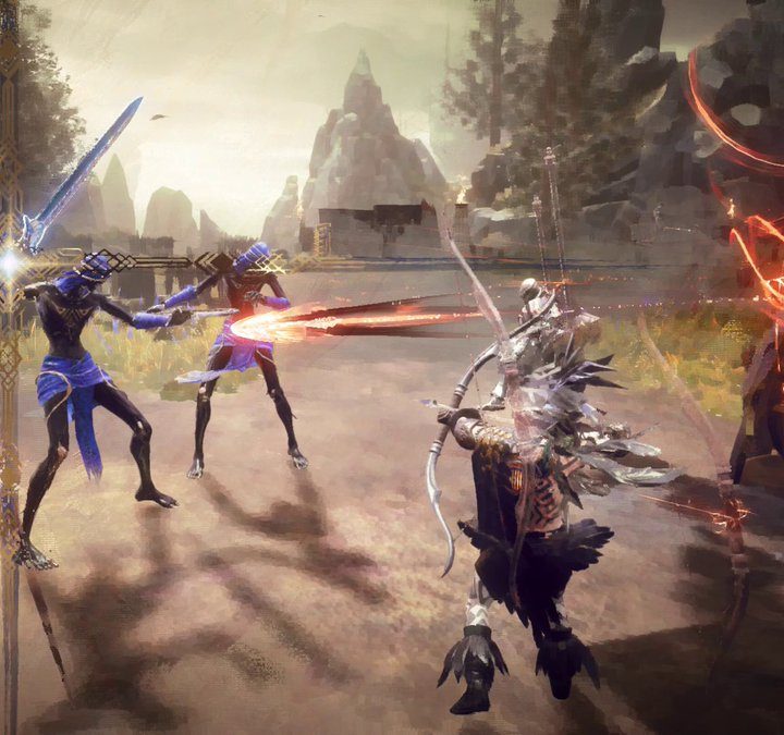 Party of players in Babylon's Fall fighting enemies.